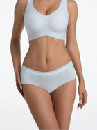 Women wearing light blue NuAir Mesh Raw Brief with moisture-wicking, lightweight, quick dry, and tagless design for no visible panty line and all-day comfort