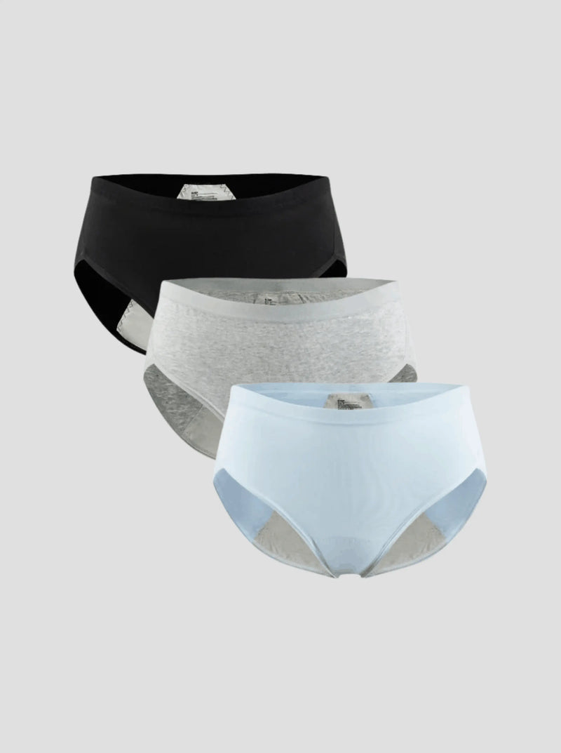3-pack NuCycle leak proof briefs for period protection in black, gray, and blue colors