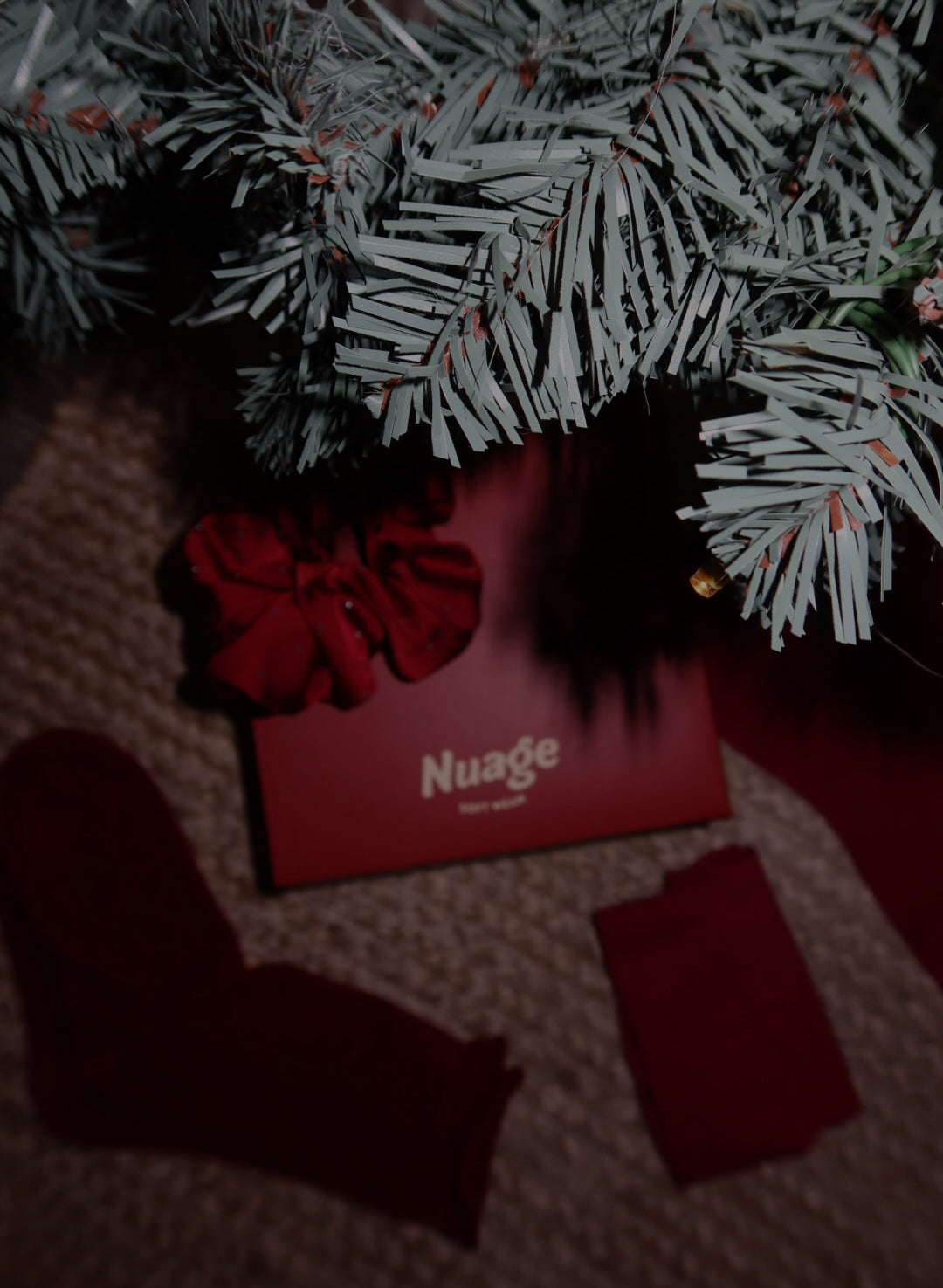 Red 'Nuage' box under a decorated Christmas tree