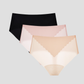 NuCloud High Waist Thong 3-pack in black, pink, and beige with seamless raw-cut edges and breathable ice silk fabric.