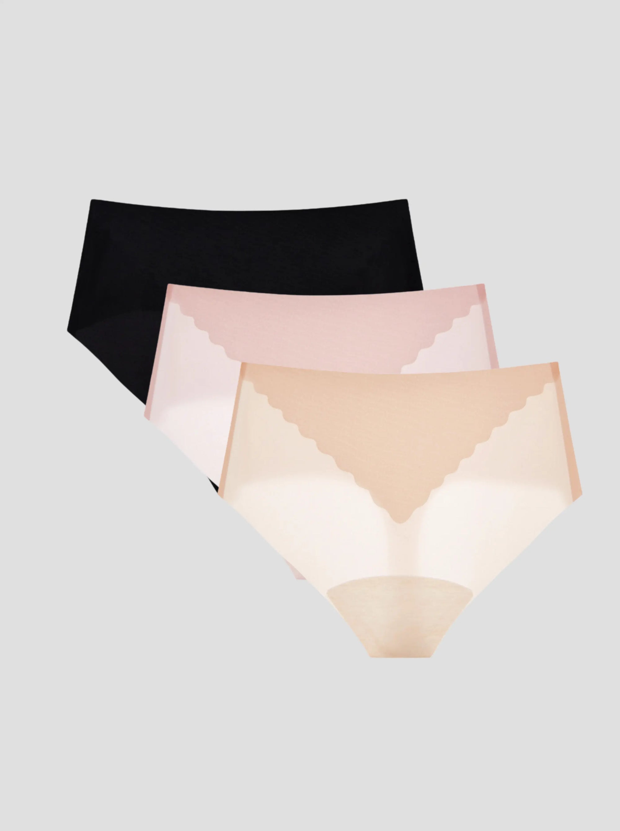 NuCloud High Waist Thong 3-pack in black, pink, and beige with seamless raw-cut edges and breathable ice silk fabric.