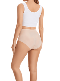Woman wearing NuCloud High Waist in pink back view with a white crop top on a white background