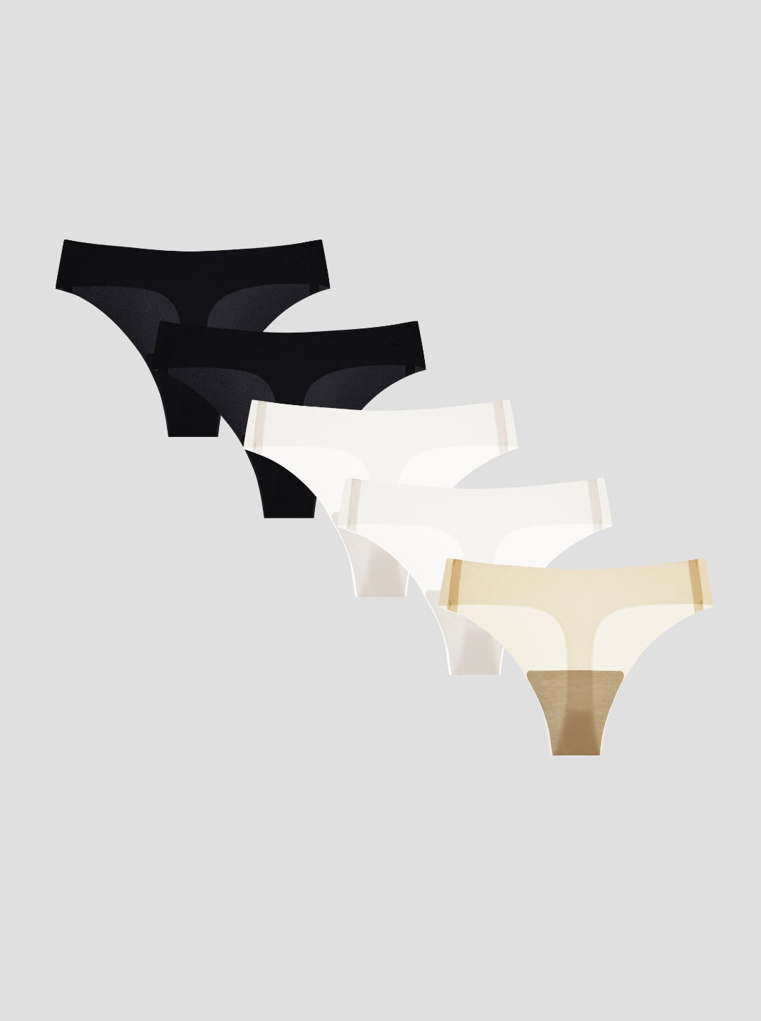 Set of black, white, and beige NuCloud Original Thong（5-Pack） on a light gray background