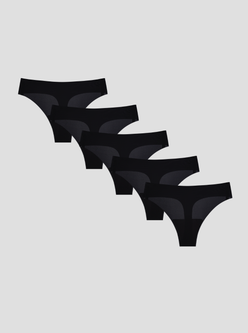 Set of five black thongs on a light gray background
