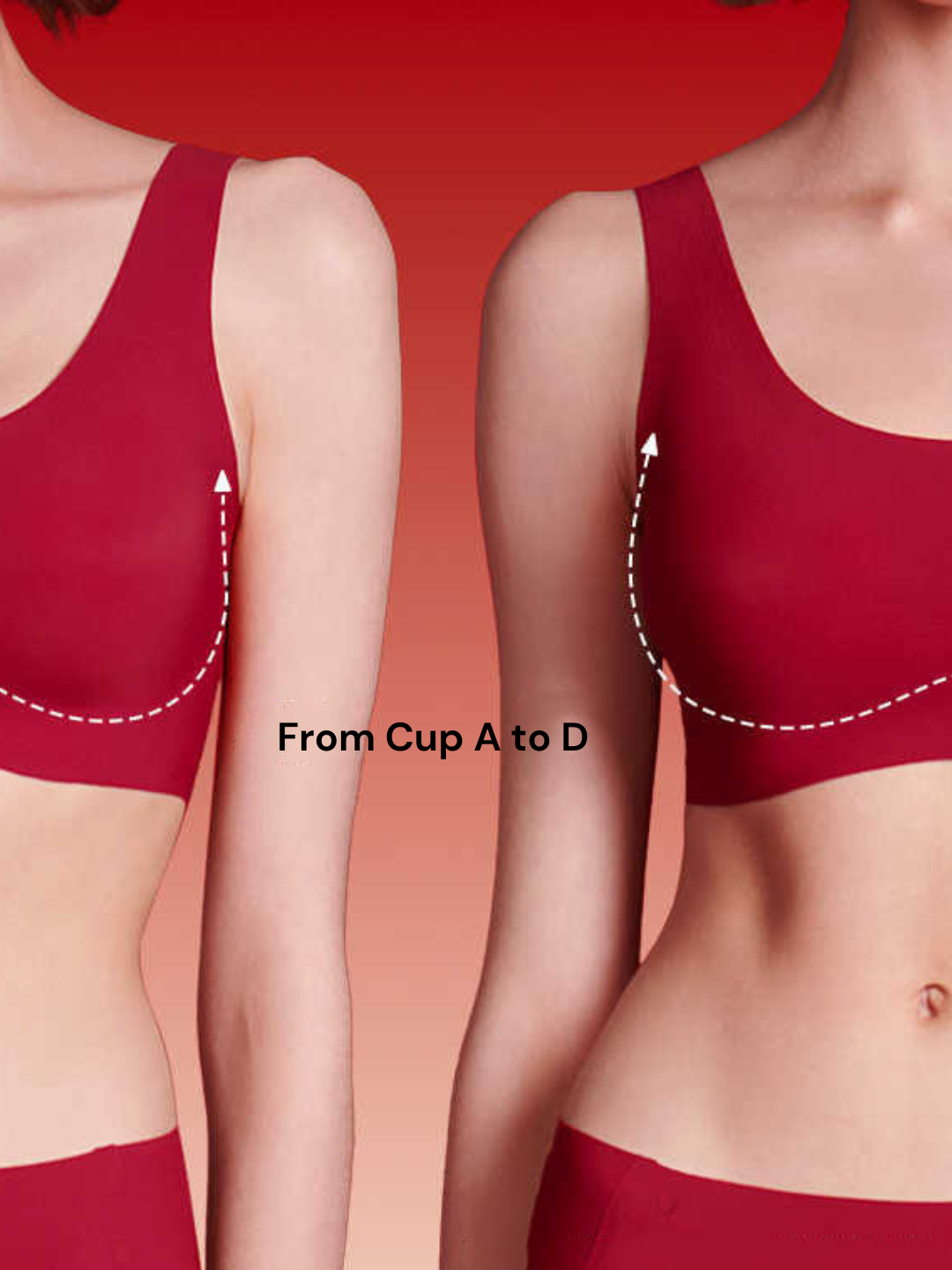 Illustration of a woman's torso with a red bra labeled 'From Cup A to D' on a red background.