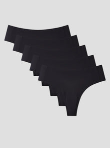 Set of five black NuShield Anti Camel Thong underwear with seamless raw cut edges and antibacterial gusset for comfort and camel toe protection