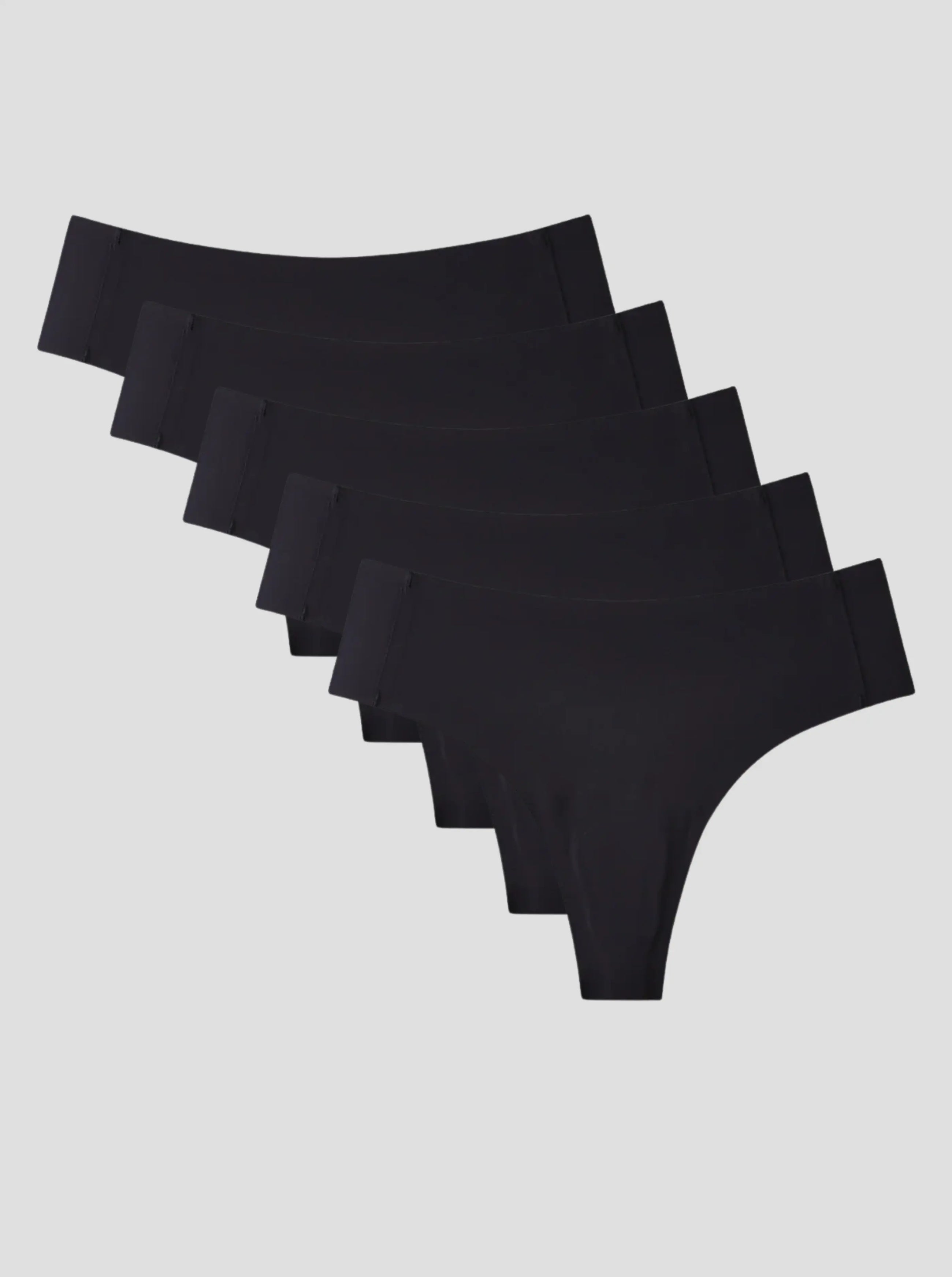 Set of five black NuShield Anti Camel Thong underwear with seamless raw cut edges and antibacterial gusset for comfort and camel toe protection