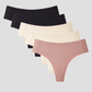 NuShield Anti Camel Thong 5-pack with seamless edges and antibacterial gusset in black, beige, and pink colors