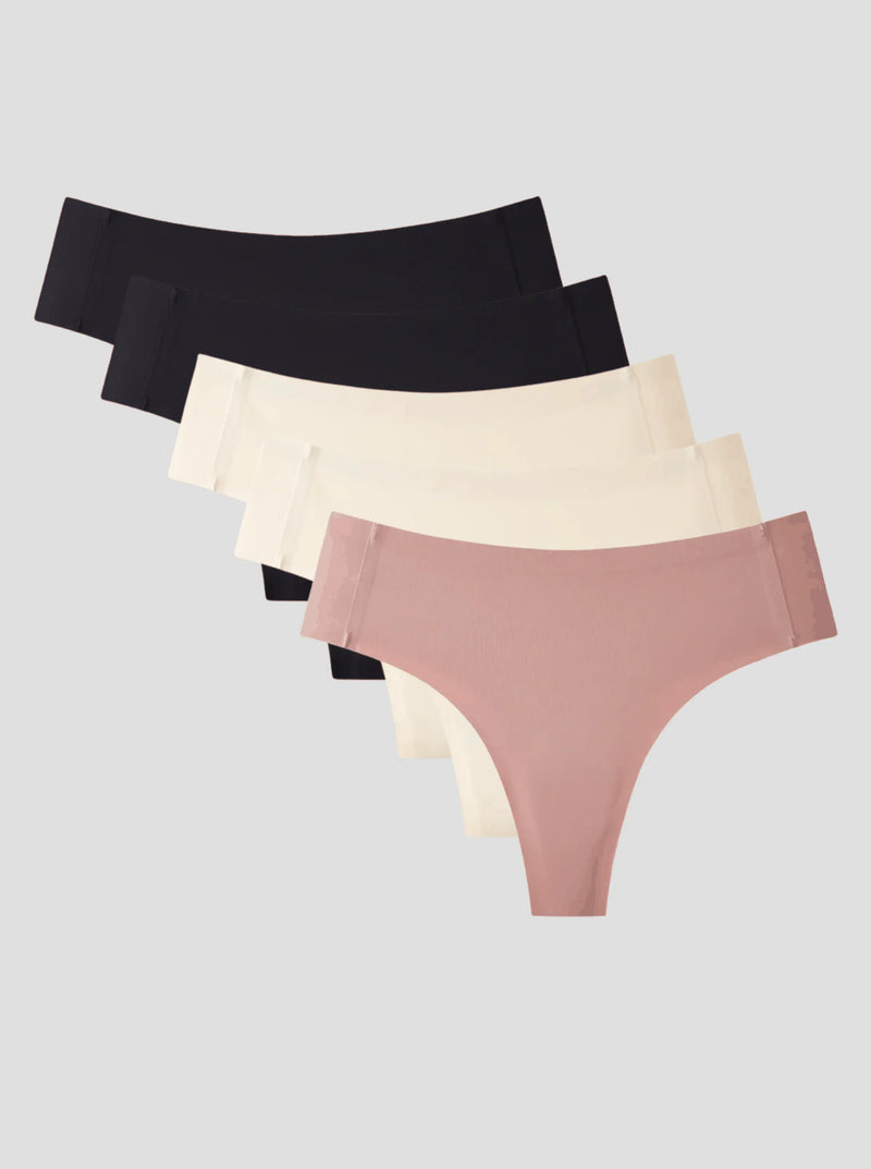 NuShield Anti Camel Thong 5-pack with seamless edges and antibacterial gusset in black, beige, and pink colors
