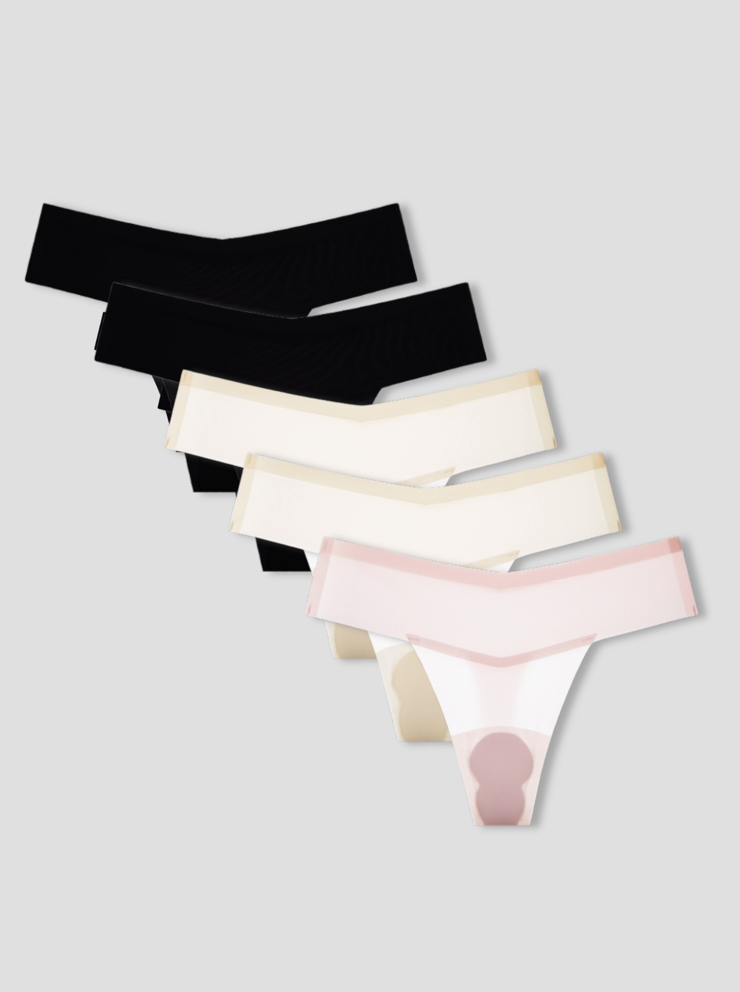 NuShield Thong Light 5-pack with seamless, breathable, anti-camel toe protection in black, nude, and pink colors