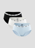 NuSoft Classic Cotton Brief 3-pack in black, white, and light blue with logo waistband and mid-rise fit.