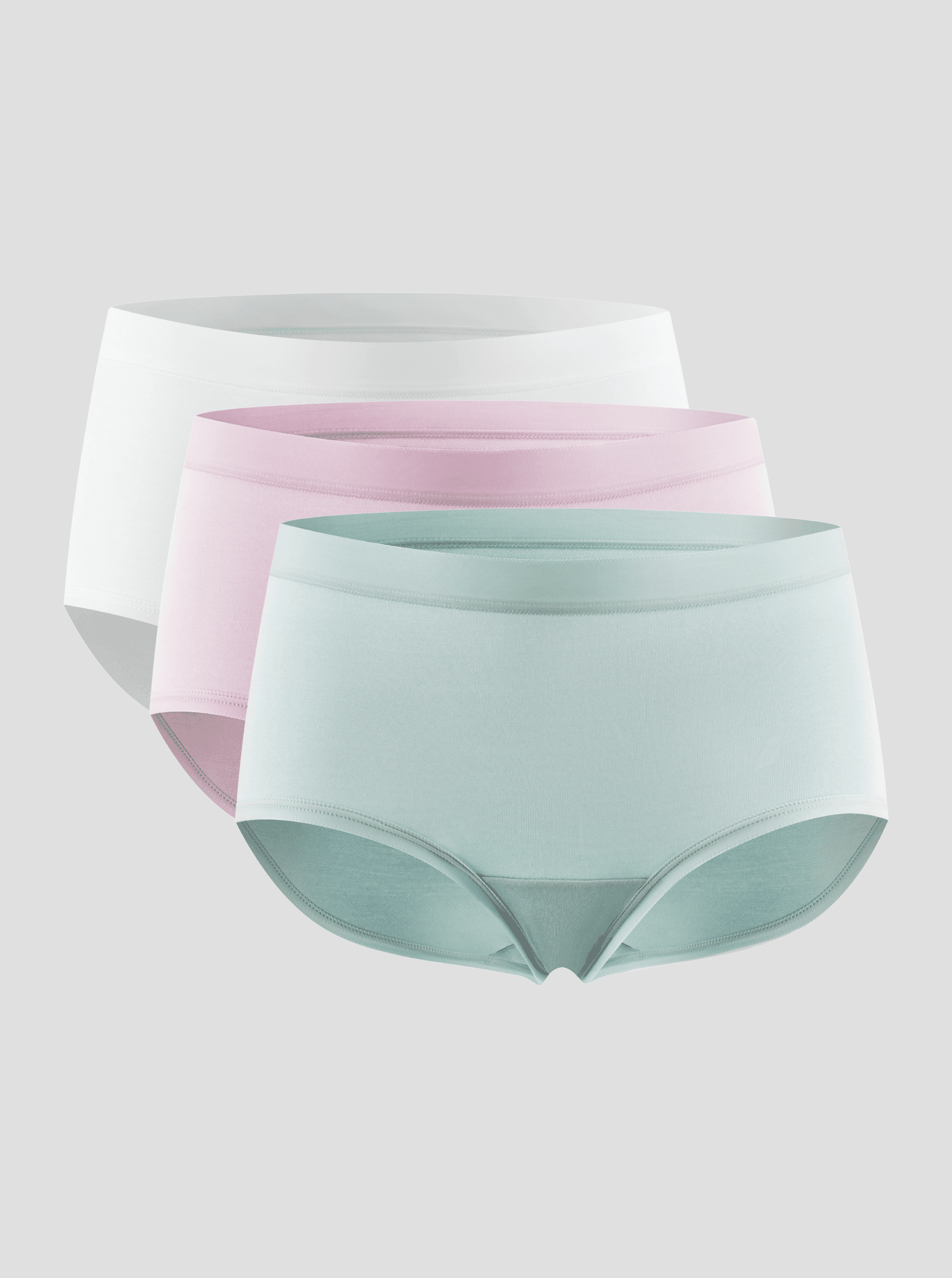 NuSoft Modal Brief 3-pack in white, pink, and mint with breathable, soft stretchy fabric and full coverage design