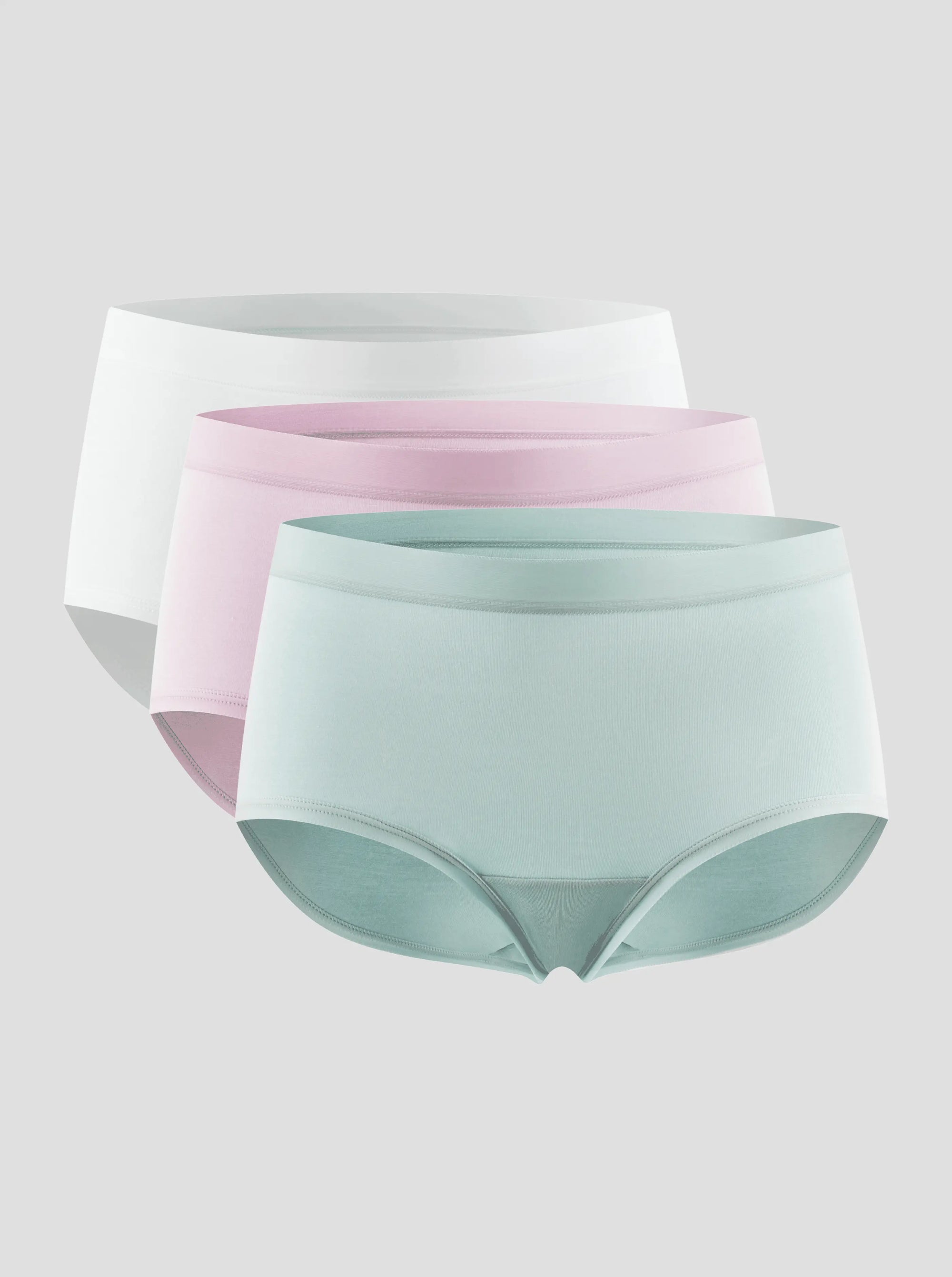 NuSoft Modal Brief 3-pack in white, pink, and mint with breathable, soft stretchy fabric and full coverage design