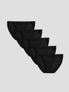 Pack of five black NuSoft String Bikini briefs with high-cut legs and shiny elastic waistbands.