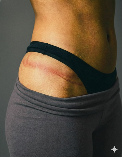 Person wearing black underwear with a red mark due to underwear digging into skin